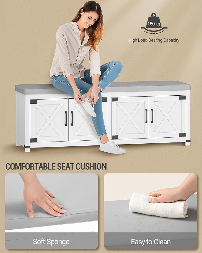 Hzuaneri 59" Shoe Storage Bench, with Soft Padded Seat Cushion & Doors | 2 Tier Entryway Storage Bench with Adjustable Shelf, Farmhouse Shoe Cabinet for Living room, Bedroom, White SB31503GY