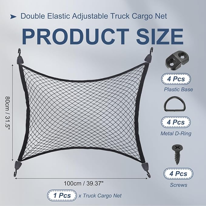 PATIKIL Truck Cargo Net, (39.4 x 31.5 Inch, Black) with Base and D-Ring | Single Elastic Adjustable Trunk Bed Net Stretchable Mesh Storage Organizer Heavy Duty for Pickup Trucks SUV Cars