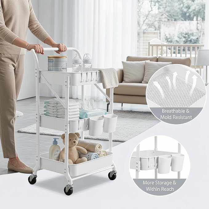 Amatic 3-Tier Folding Rolling Utility Cart with Wheels, Foldable Storage Cart Organizer with 3 Hanging Cups & 6 Hooks for Kitchen, Office, Living Room, Nursery(White)