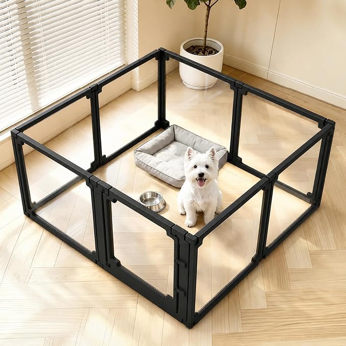 Dog Playpen, Expandable & Stackable Acrylic Dog Play Pen, FlexiSpace Adjustable Clear Dog Enclosure Indoors, Transparent Dog Fence for Dogs Cats Rabbits Small Animals (Black, 24", 8 Panels)