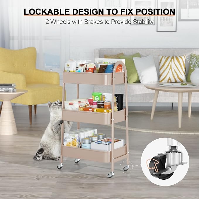 3 Tier Utility Rolling Cart, Metal Storage Cart with Handle and Lockable Wheels, Multifunctional Storage Organizer Trolley with Mesh Baskets for Kitchen, Living Room, Office, Garage (Beige)