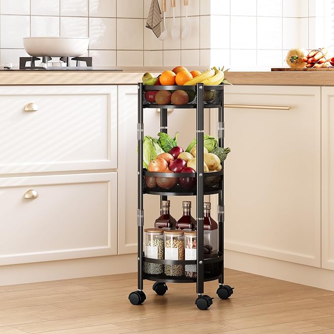 TOOLF 3 Tier Foldable Rolling Cart, Metal Utility Storage Cart, Black | Assembly-Free, Lockable Wheels, Round Trolley Organizer for Bathroom, Kitchen, Office, Dorm, Laundry, Craft Room
