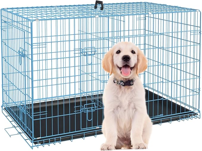 24 Inch Small Dog Crate, Heavy Duty Dog Crates for Small Dogs, Metal Wire Folding Dog Cage with Removable Trays, Locks, Double-Door, Divider Panel, Handle, Puppy Crate Pet Crate (24 in, Blue)