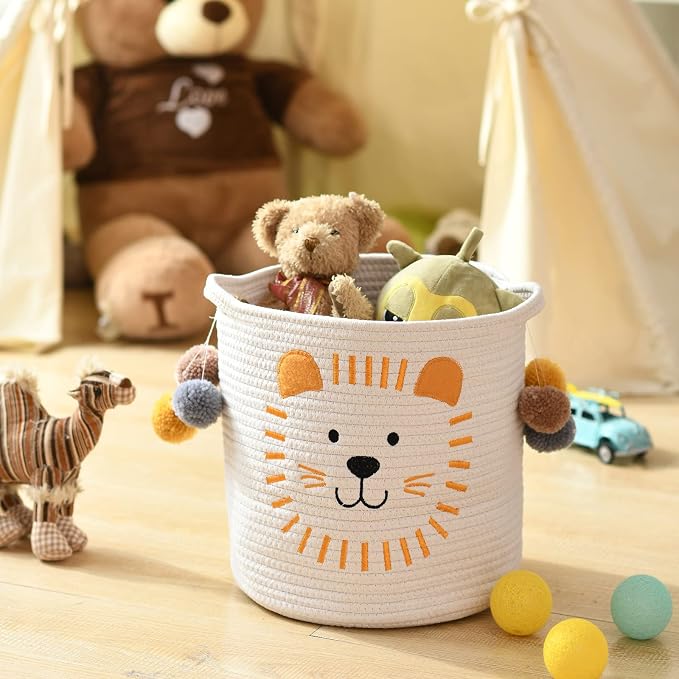 Toy Storage Baskets Cute Laundry Basket with Handles Dog Toy Storage Basket Durable Large Cotton Rope Storage Bins Home Organizer Solution for Office, Bedroom, Closet, Toys & Laundry (Lion)