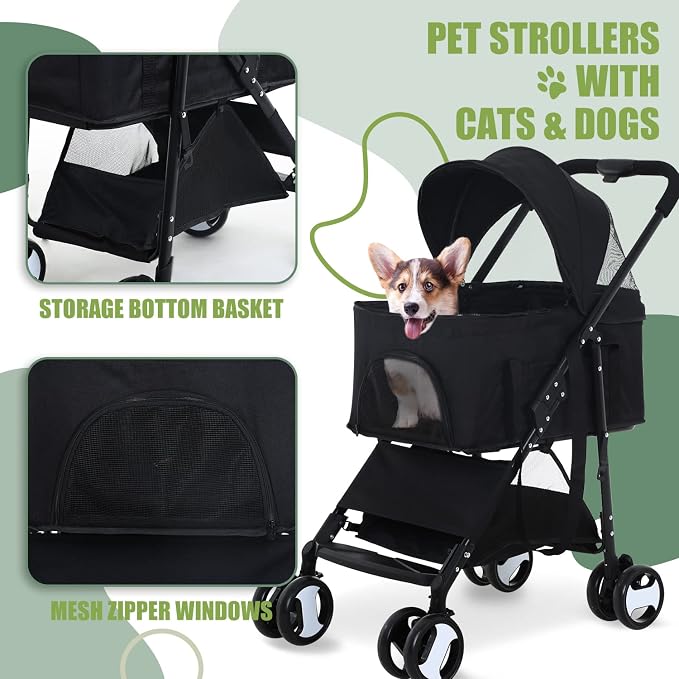 Dog Stroller 3-in-1 Folding Dog Stroller for Medium Small Dogs Pet Stroller Cat Stroller 4 Wheels with Detachable Carrier Storage Basket Waterproof Lightweight for Travel,Black