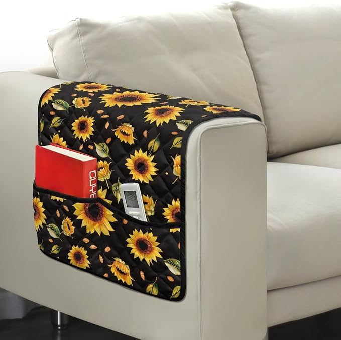 Sunflower Stretch Couch Arm Covers with Two Pockets Breathable Armrest Covers Chairs Arm Cover Easy to Clean, Scratch-Resistant Sofa Arm Protector Home Furniture Decor Cover