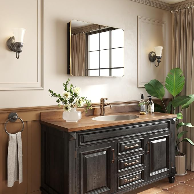 32x24 in Brushed Gold Double Door Medicine Cabinet with Mirror, Gold