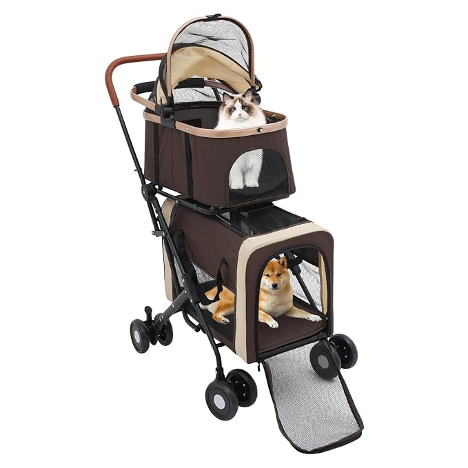 Double Dog Stroller for 2 Small & Medium Pets, Double Pet Stroller with Detachable Carriers, Foldable Dog Stroller for 2 Dogs, Two-Seater Carrier Dog Walk Jogger Travel Pet Carriage Cart (Coffee)