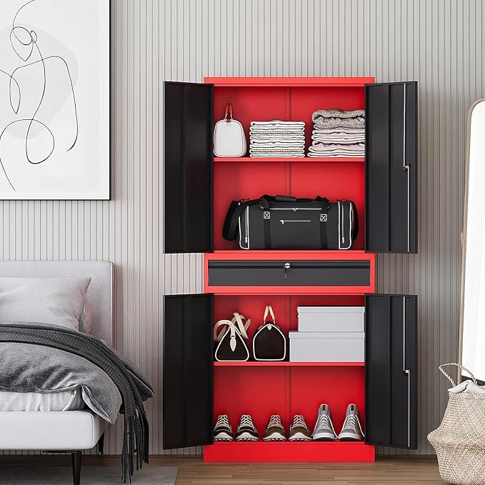 Metal Garage Storage Cabinet with Drawer,4 Door Tool Cabinet with Adjustable Shelves for Garage Home Office Utility Room (Red)