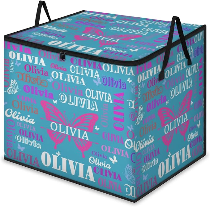 Personalized Extra Large Storage Bins with Lid, Customized Name Lake Blue Background with Butterfly Storage Basket Rectangle Clothes Organizer for Organizing Kids and Pets Toys Shelf Closet