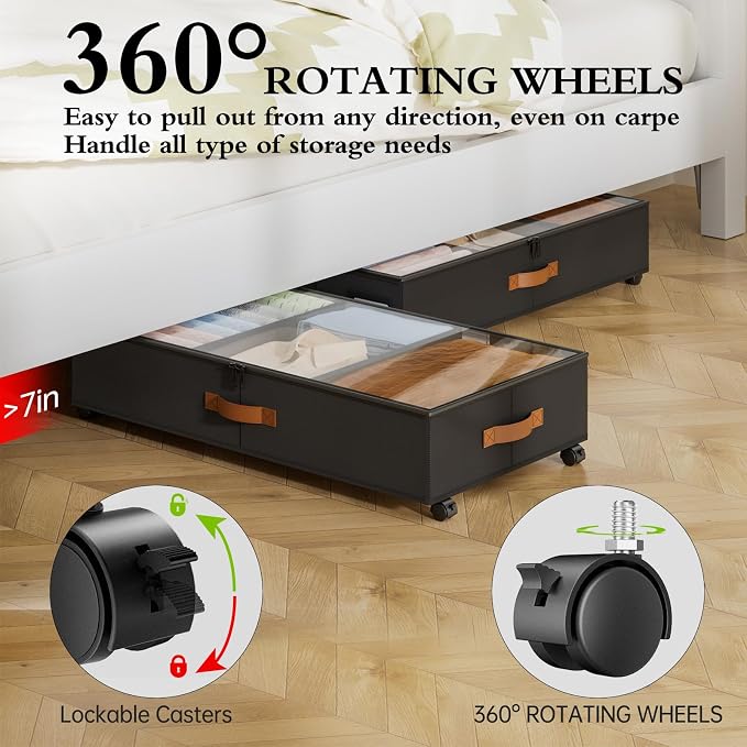 Yecaye Under Bed Storage with Wheels, 2 Pack Under Bed Storage Containers with Adjustable Dividers & Clear Window, Rolling Underbed Organizer Bins Drawers for Clothes, Shoes, Blankets, Black