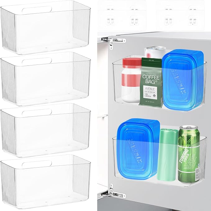 4 PCS Plastic Adhesive Mount Over Cabinet Door Organizer, Under Sink Door Storage Shelf Refrigerator Side Storage Box, Wall Organization Container for Kitchen Bathroom Office