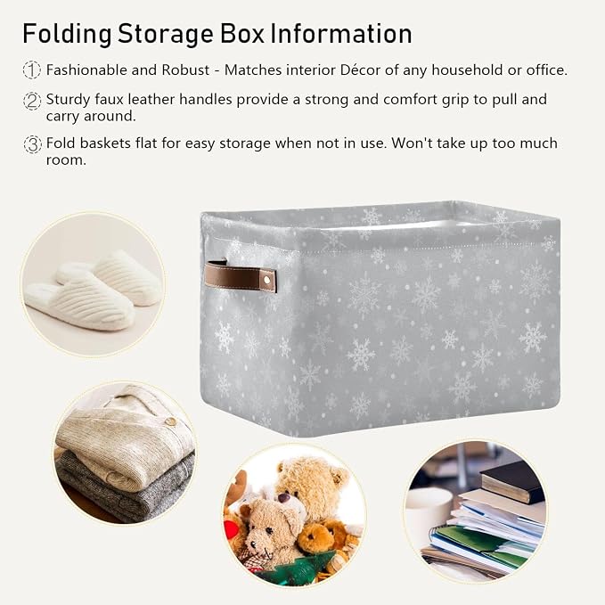 Wamika Winter Snowflake Gray Storage Basket with Waterproof Liner and PU Handles Christmas Snow Xmas Storage Bins Boxes 14.2" Collapsible Decorative Organizer Baskets for Bedroom Closet Office 1 Pack