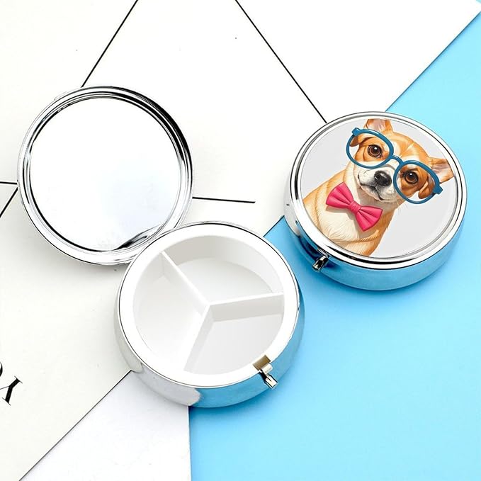 Pet Dog Soft Bow Tie, Oversized Glasses Pill Case with 3 Compartment Portable Daily Pill Organizer for Pocket Purse Round Travel Pill Box Fish Oil and Supplement Storage Box