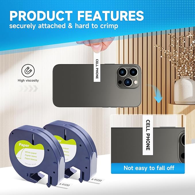 Cable for Dymo Label Maker Refills 91330 Compatible with Dymo Letratag Refills, LT Paper Label Tape for LetraTag LT-100H LT-100T,1/2Inch x 13Feet(12mm x 4m),Black on White, 2Pack