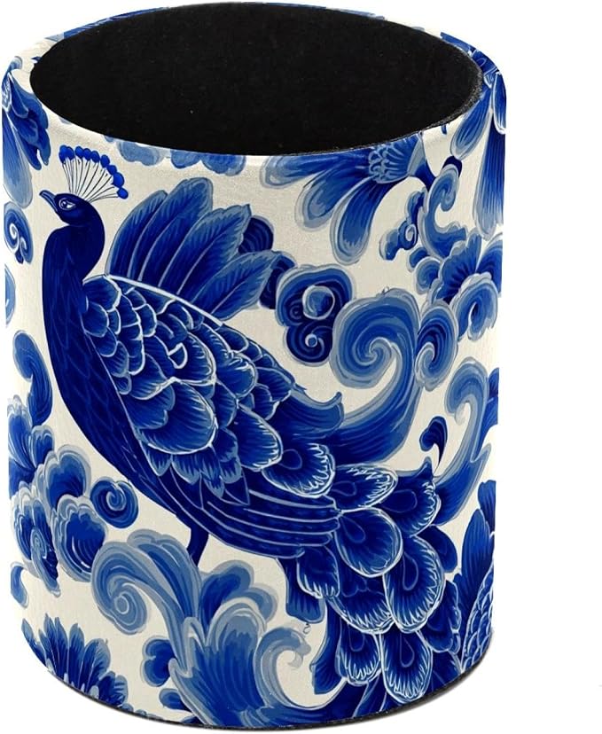Faux Leather Pen Holder for Desk, Pencil Organizer Blue Peacock Pen Cup Desk Decor Makeup Brush Holder Storage for Office Home