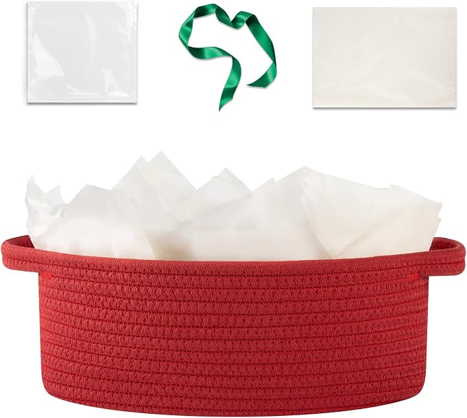 OIAHOMY Gift Basket with Handle, Small Woven Basket with Gift Bag, Ribbon and Wrap Tissue Paper, Nursery Bins Empty to Fill with Small Items, Baby, Pet Toy Organizer - Red