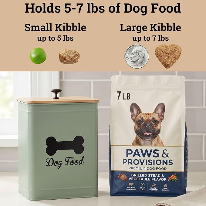 Metal Dog Food Container 5-7lb, 25 Cup w/ Airtight Bamboo Lid, Metal Handle | Pet Jar For Dogs up to 50lbs, Airtight Bamboo Lid, Sturdy Comfortable Metal Handle, Powder Coated Iron, Kibble Storage Bin
