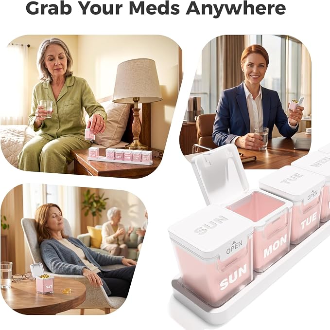 ODARO Extra Large Weekly Pill Organizer Once A Day - Pink | Large Capacity, Big Font, Wide Opening Easy For Seniors, Detachable Portable, Spill Proof, BPA Free