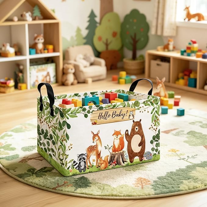 Rectangle Foldable Storage Basket Handles For Home, Forest Animals | Waterproof canvas material, reinforced handles, perfect for shelf use, organizes clothes, daily items and pet supplies