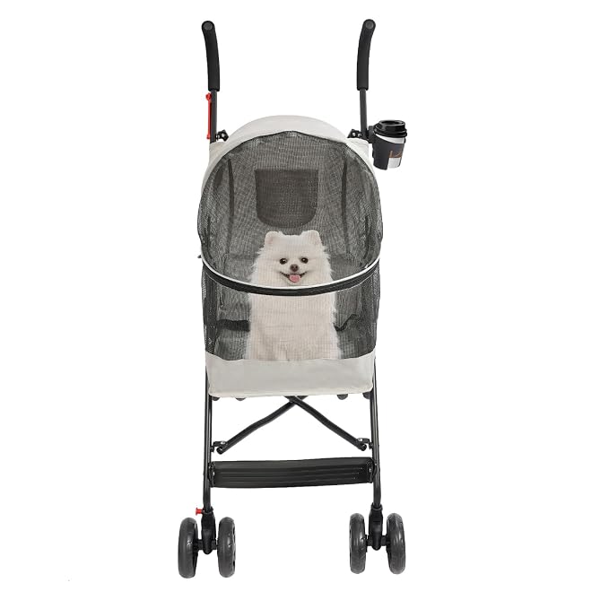 4 Wheels Pet Stroller with Waterproof Cover | Easy-Fold Travel Carrier | Pet Strolling Cart for Small/Medium Dogs and Cat | with Storage Pocket, Cup Holder & Breathable Mesh | for All-Season (Gray)