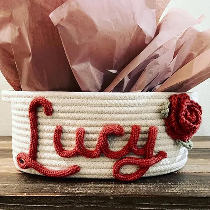 Personalized Cute Small Woven Basket with Handles, Custom Cotton Rope Room Shelf Storage Basket, Empty Decorative Gift Basket, Decorative Round Bin for Nursery Bedroom Bathroom (Style B)