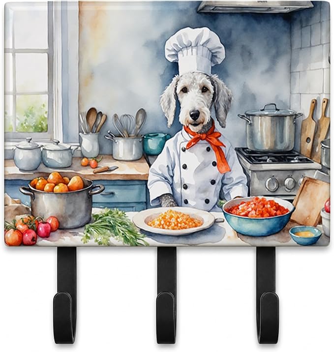 Caroline's Treasures Bedlington Terrier The Chef Leash or Key Holder Wall Hooks, Key Hooks Holder, Coat Rack Wall Mount, Coat Hooks, Hooks for Hanging Keys, Towels, Aprons, Leashes | Bedlington Terrier The Chef artwork on ceramic tile with three steel ...