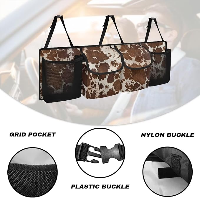 Car Trunk Organizer Brown Cow Print Car Accessories Back of Seat Organizer with Adjustable Straps, Easy to Install