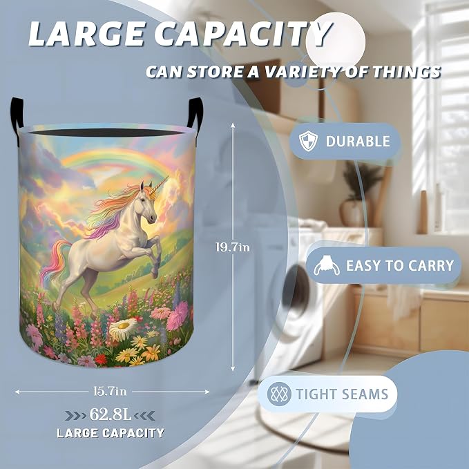 Magical Unicorn with Rainbow Laundry Basket with Handles, 19.7"x15.7" Clothes Foldable Floral Meadow Laundry Hamper Organizer for Dorm Nursery Bedroom Bathroom Decor, Toy Storage Bin for Kids