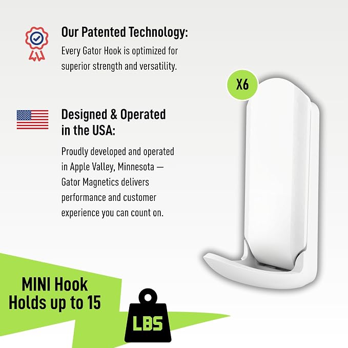 GATOR MAGNETICS MINI Open Hooks, 15 lb Magnetic Hooks, White – 6 Pack | For coats, bags, towels, hats & leashes. Fridges, offices, classrooms, cruise cabins & lockers.