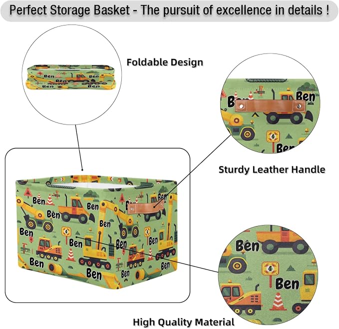 Personalized Name Storage Basket Handles for Boys, Canvas Storage Bins Toys Clothes Organizer for Bedroom, Kitchen, Bathroom, Nursery, Shelves, Closets, Cartoon Excavator Construction Vehicle