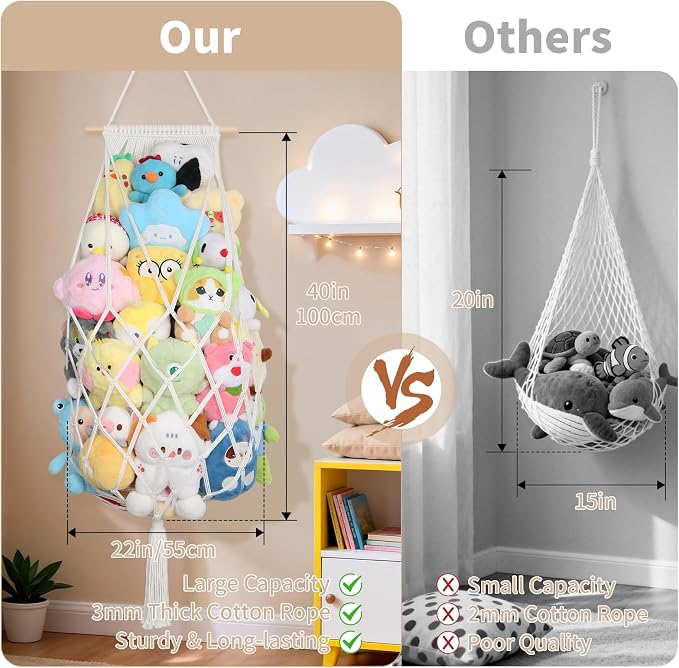 Stuffed Animal Storage Net Corner,70'' Macrame Stuffy Hammock,Cream | Wall Ceiling Over Door Hanging Stuffed Animals Hammock, Boho Macrame Stuffy Storage Holder, Nursery Playroom Kid Room Decor