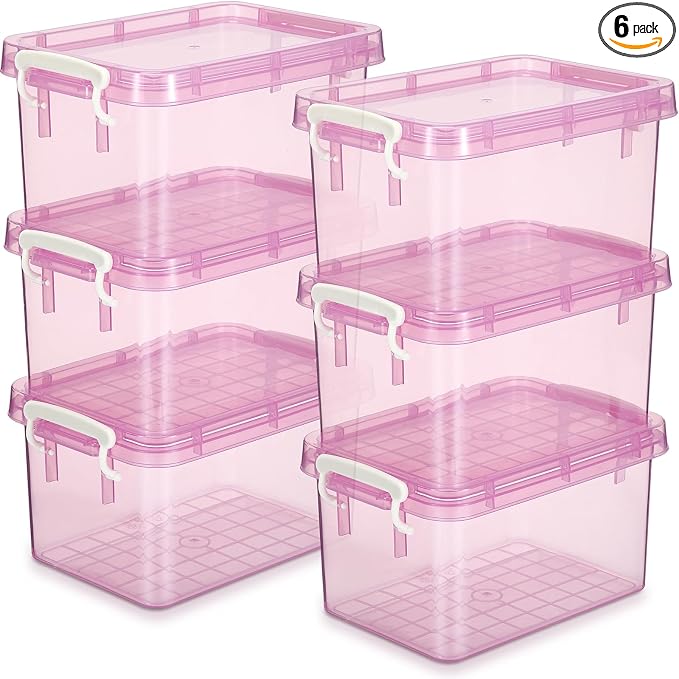 6 Pack Colorful Plastic Storage Bins with Lids 4 Quart Small Storage Latch Box Stackable and Nestable Clear Organizer Bins with Latching Handle and Buckle for Organizing(Pink)