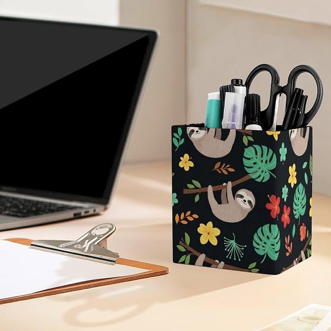 Pen Organizer Pencil Holder, Makeup Brush Organizer Pu Leather Desktop Holder Box Floral Flowers Cute Branch Sloth Desk Decor Accessories
