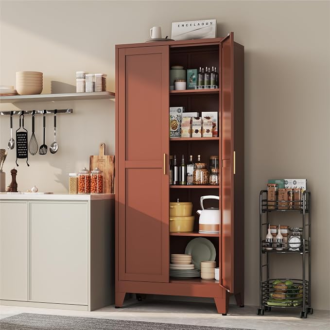 YAUWOH 71''Metal Cabinet with 4 Adjustable Shelves,5-Tier Pantry Storage Cabinet,Kitchen Pantry Cabinet for Living Room,Dining Room(1PC,Brown)