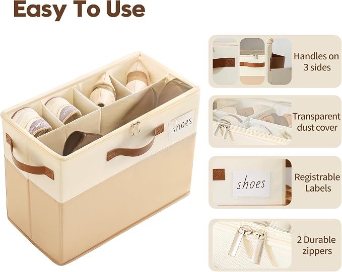 Varhomax Shoe Organizer Box 2 Pack for Closet,Small Fabric Shoe Storage Bin with Adjustable Dividers & Clear Cover, Saving Space Sneakers & Sandals Containers for Entryway, Cubby