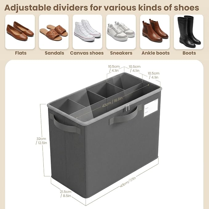 Varhomax Shoe Organizer Box for Closet, Small Fabric Storage Basket 2 Pack | Foldable Shoe Bin with Adjustable Dividers & Clear Cover, Saving Space Sneakers & Sandals Containersfor Entryway, Cubby