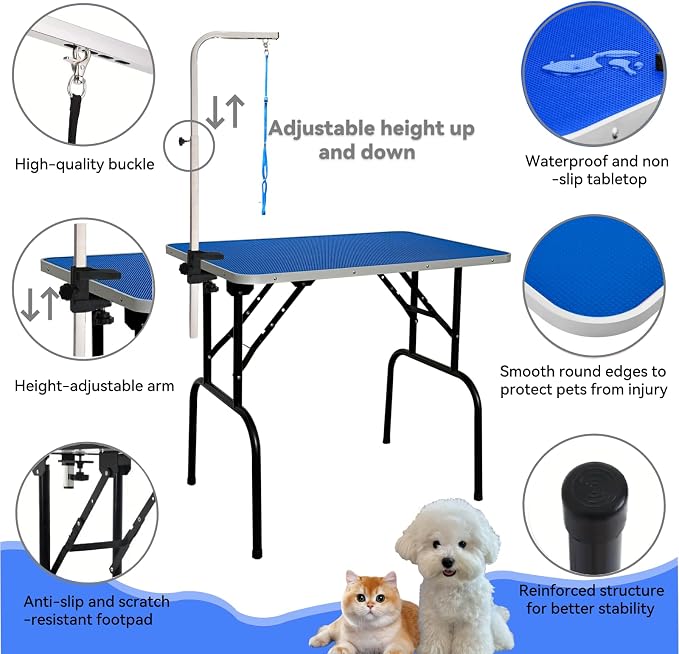 30-inch Foldable Dog Grooming Table - Heavy Duty Iron Pet Grooming Station with Adjustable Arm & Noose, Portable Non-Slip for Small Medium Dogs & Cats, Home & Salon Use - Blue