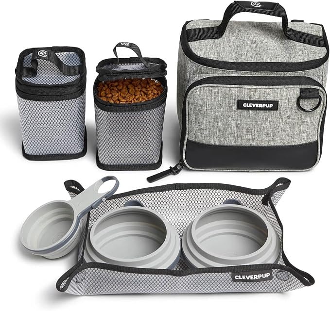Small 7-Piece Bistro Box Dog Food Travel Kit, 6-Cup BPA-Free Kibble Storage, 2 Silicone Bowls, Mat & Scoop - Portable Pet Food Kit for Weekends, Overnights, Daycare & Camping, Heather Grey