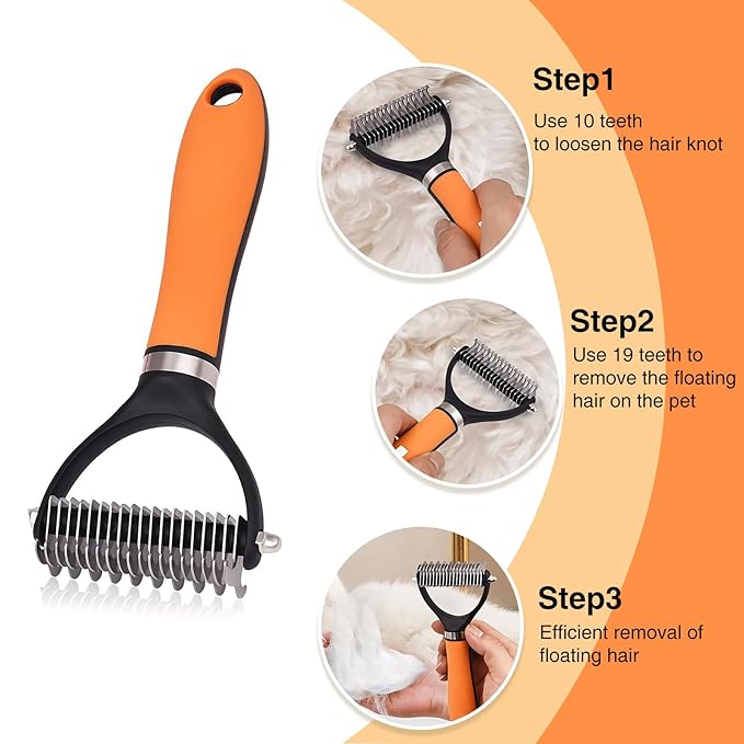 2-Sided Undercoat Rake for Dogs and Cats, Deshedding & Dematting Comb for Long Hair, Dog Brush for Shedding and Tangles, Stainless Steel Pet Grooming Tool