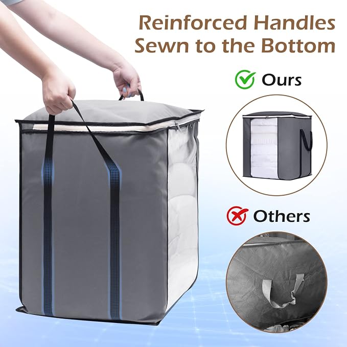 SLEEPING LAMB 120L Oversized Blanket Storage Bags Sturdy Fabric Clothes Storage Containers for King Comforter Bedding Pillow Sheet, Grey, 3 Packs