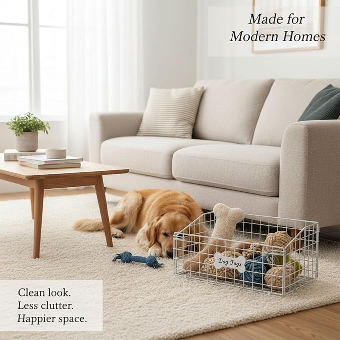 Metal Dog Toy Basket,White Pet Toy Organizer with Bone Label | Dog Toy Basket, Dog Toy Bin, Dog Toy Box