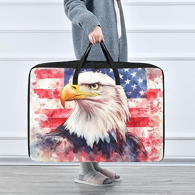 Comforter Storage Bags Large Folding Blanket Organizer Bag with Strong Handles Clear Window Closet Storage Containers for Clothes King Queen Pillows Bedding Quilt Duvet Bald Eagle Usa Flag 4th