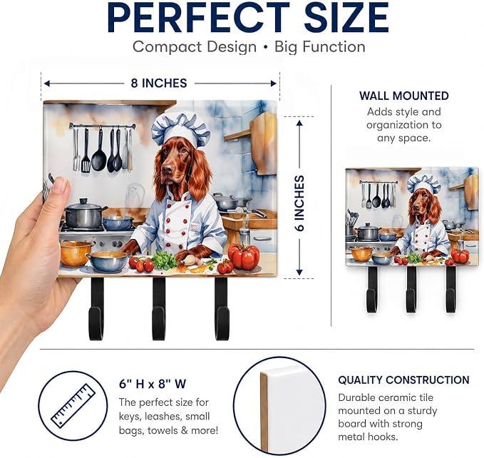 Caroline's Treasures Irish Setter The Chef Leash or Key Holder Wall Hooks, Key Hooks Holder, Coat Rack Wall Mount, Coat Hooks, Hooks for Hanging Keys, Towels, Aprons, Leashes | Irish Setter The Chef artwork on ceramic tile with three steel hooks for ke...