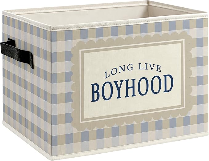 Kids Boy Nursery Foldable Storage Bins Box with Handles, Long Live Boyhood Retro Gingham Plaid Decorative Storage Boxes Baskets Toybox Organizer for Kids Boy Nursery Room Bedroom Playroom