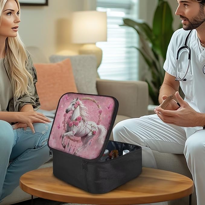 Rnyleeg Dreamcatcher Horse First Aid Kit for Women Pink Rose First Aid Travel Kit Empty Lightweight Medicine Pouch Organizer for Home Outdoor