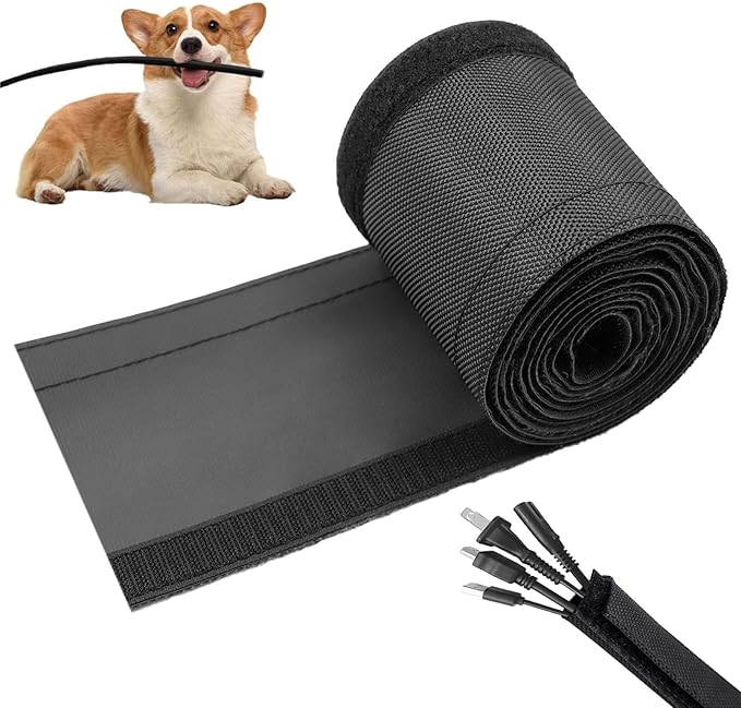 1" - 6.6 Ft Dog/Cat Cord Protector, Hook and Loop Cable Sleeve | Cable management sleeve; Reversible, flexible & cuttable; Split wire wrap for TV, USB, audio, computer and automotive; Black