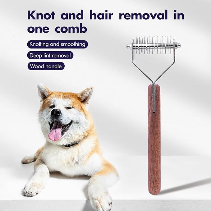2-Sided Undercoat Rake for Dogs and Cats,Deshedding & Dematting Comb for Long Hair,Dog Brush for Shedding and Tangles,Stainless Steel Pet Grooming Tool with Wood Handle