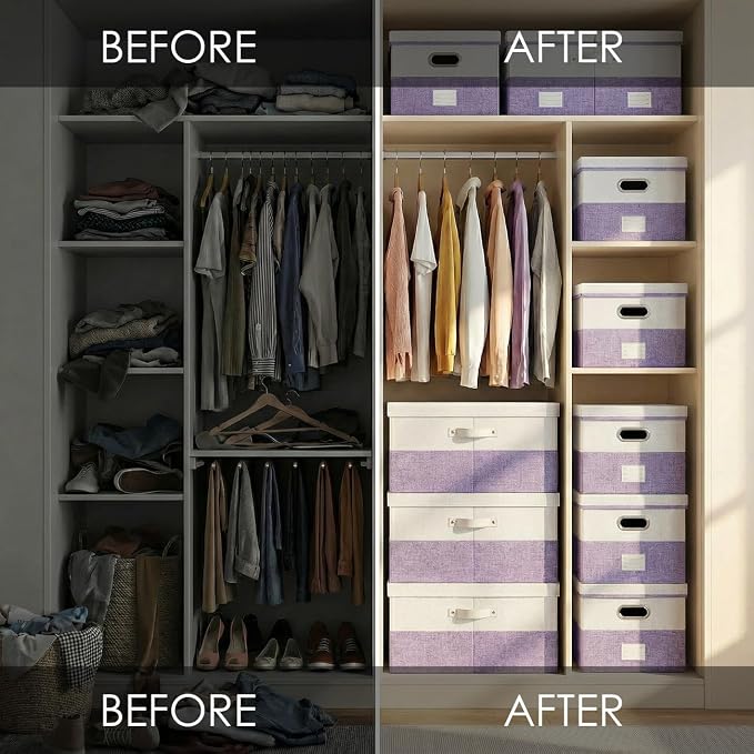Storage Bins with Lids [3-Pack] Linen Fabric Foldable Storage Boxes Organizer Containers Baskets Cube with Cover for Bedroom Closet Office White&Purple (23.4X15.9X11.4)