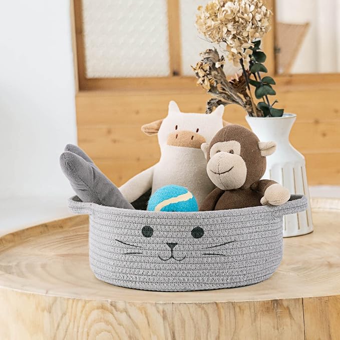 Small Woven Rope Cat Toy Basket with Cat Face Design, Grey | 9.8" x 4" Cute Toy Storage Bin for Living Room & Nursery, Pet Gift Basket Empty with Sturdy Handles